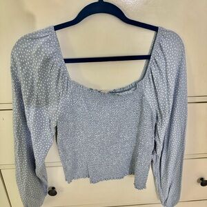American Eagle Long Sleeve Crop Top Light Blue with Polka Dots